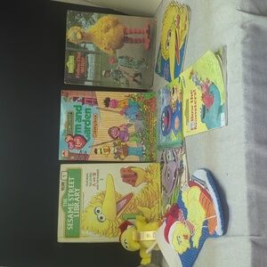 1988 Sesame Street Big Bird Plush Christmas Stocking Holder & stocking, books